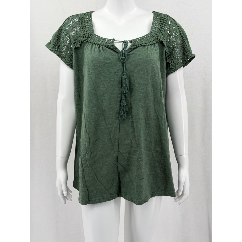 Weekend Suzanne Betro Top Women 1X Green Crochet Short Sleeve Boho Summer Cotton